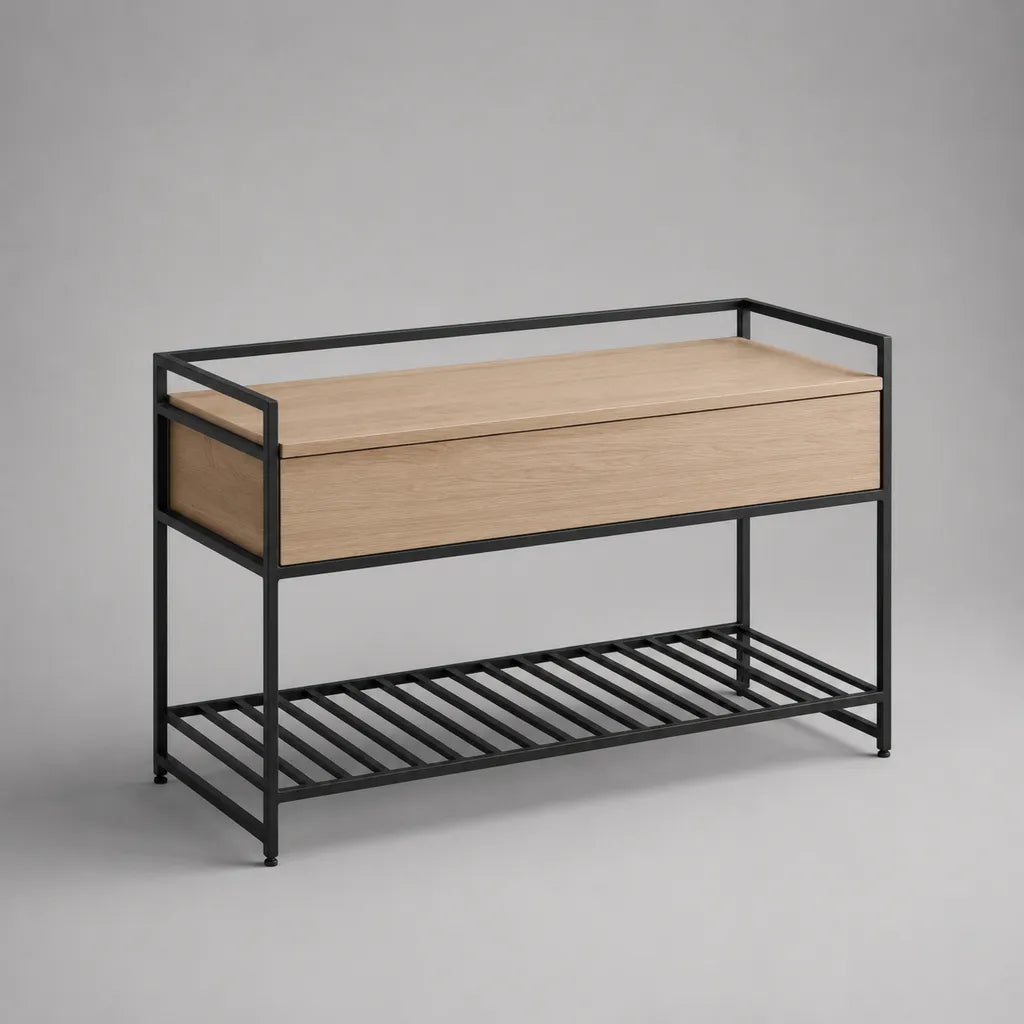 Banc coffre rectangulaire en MDF plaqué chêne et acier, chêne naturel et noir, 100 x 35 x 68 cm