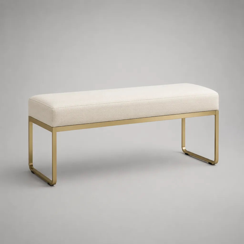 Banc rectangulaire rembourré en polyester et acier, blanc cassé et doré, 110 × 40 × 45 cm
