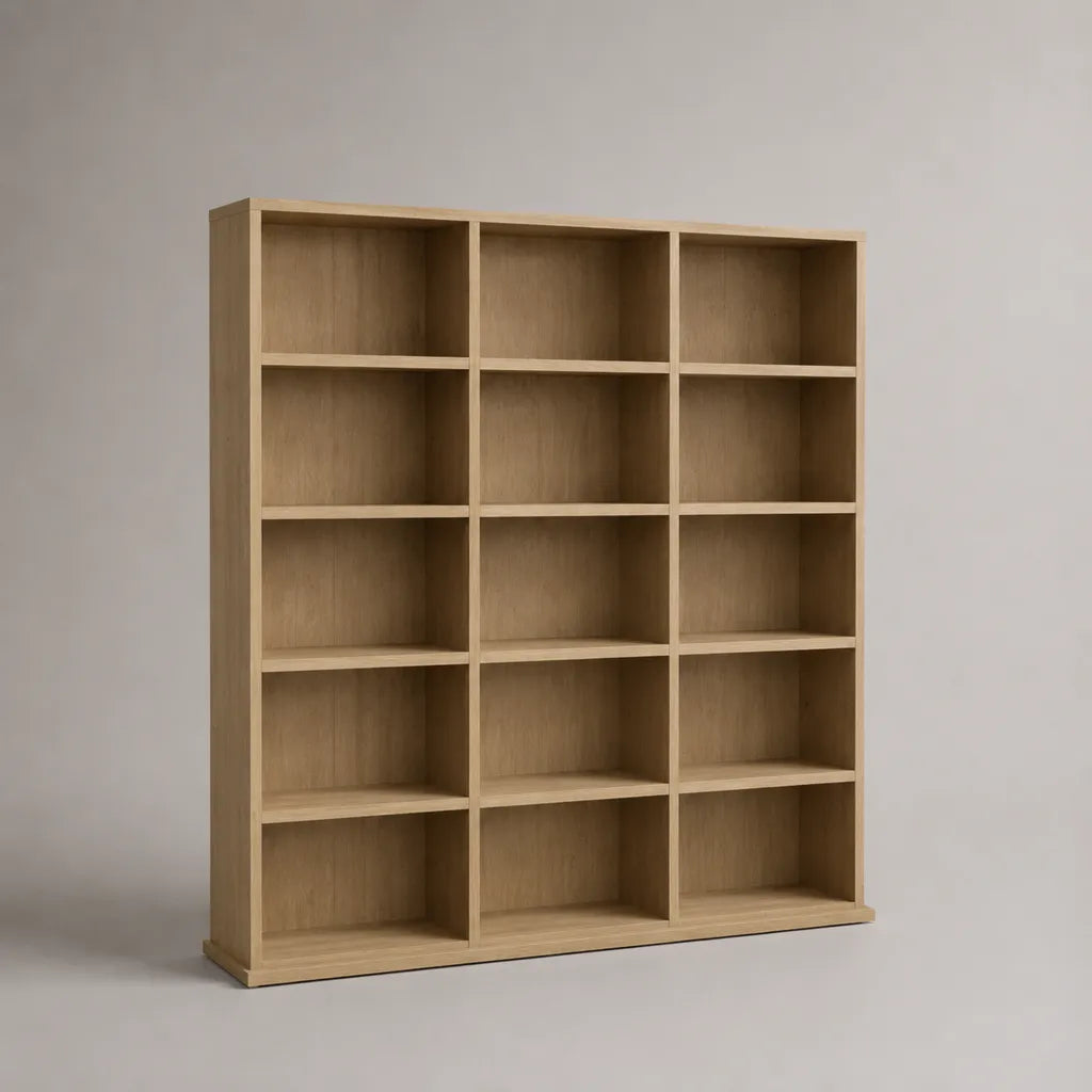 Bibliothèque rectangulaire en panneaux de particules, 15 cases, décor chêne naturel, 150 × 30 × 180 cm