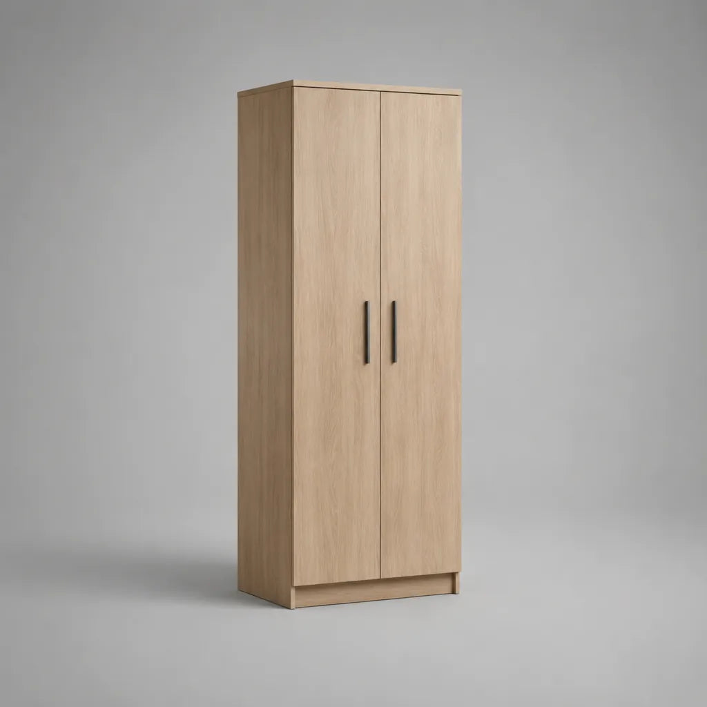 Armoire de rangement rectangulaire à 2 portes en panneaux de particules mélaminés, chêne clair et noir, 80 × 50 × 180 cm