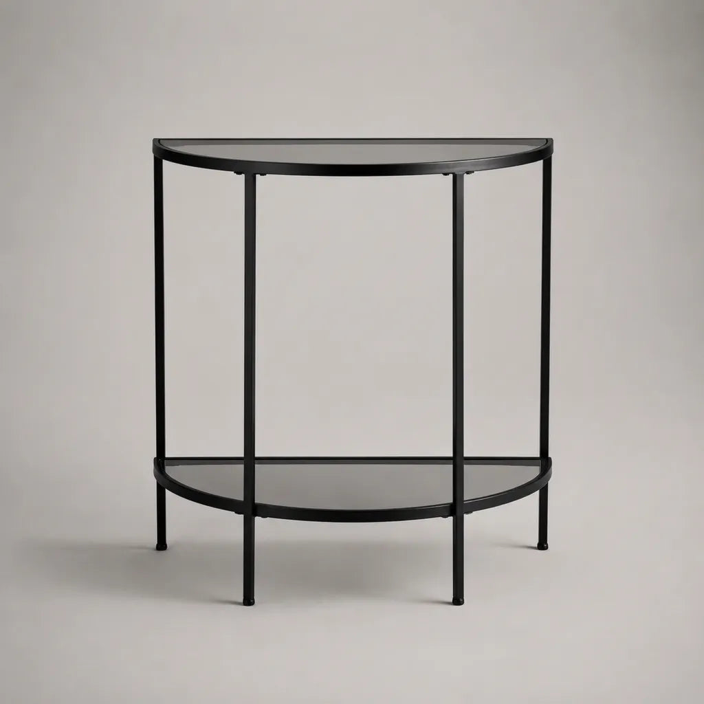 Console demi-lune en verre et acier noir à 2 plateaux, 80 × 30 × 80 cm