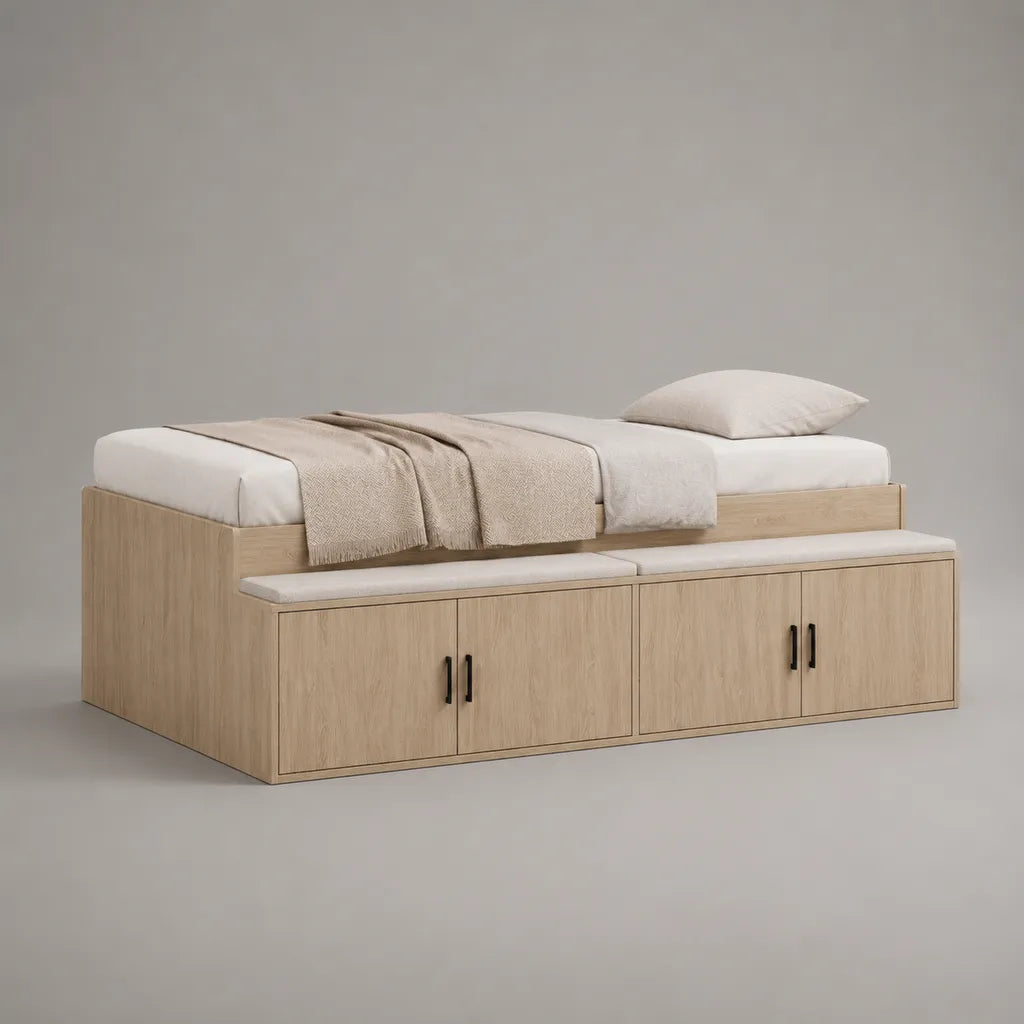 Lit banquette 1 place avec rangement 4 portes en panneaux de particules, chêne clair, blanc et noir, 205 × 125 × 60 cm, couchage 90 × 200 cm