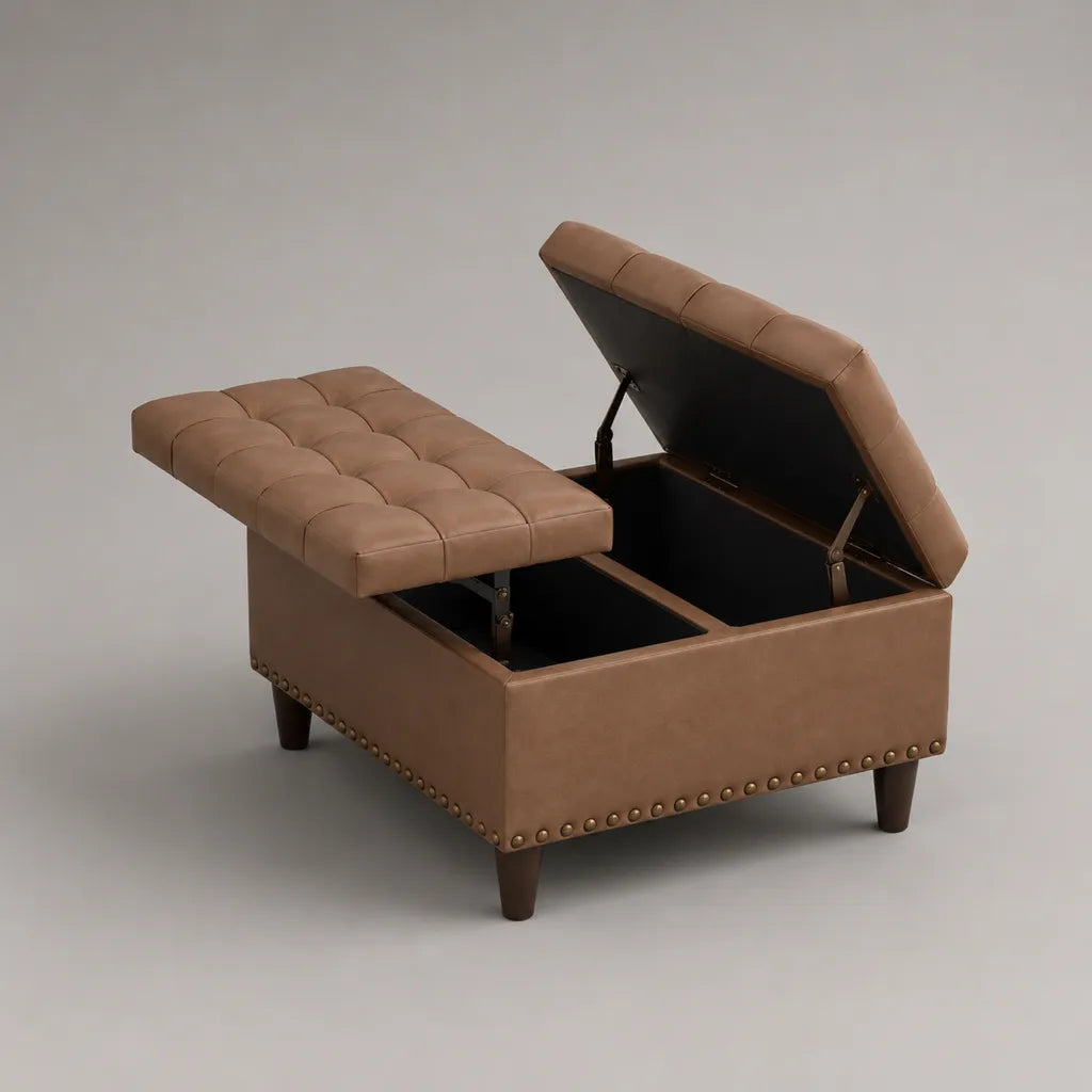 Banc coffre rectangulaire en similicuir marron capitonné, 100 × 50 × 45 cm