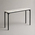 Console étroite rectangulaire en pierre frittée blanche effet marbre et acier noir, 120 × 30 × 75 cm