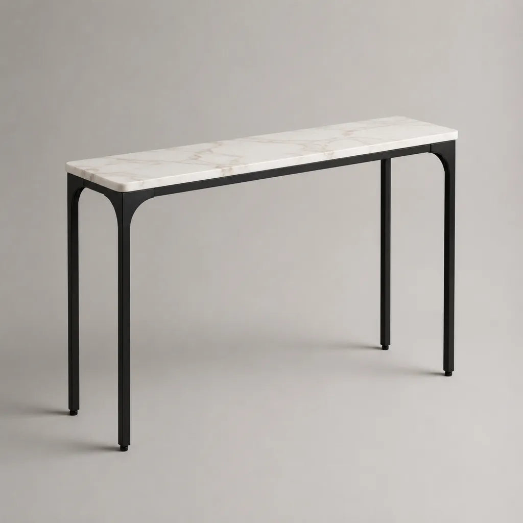 Console étroite rectangulaire en pierre frittée blanche effet marbre et acier noir, 120 × 30 × 75 cm