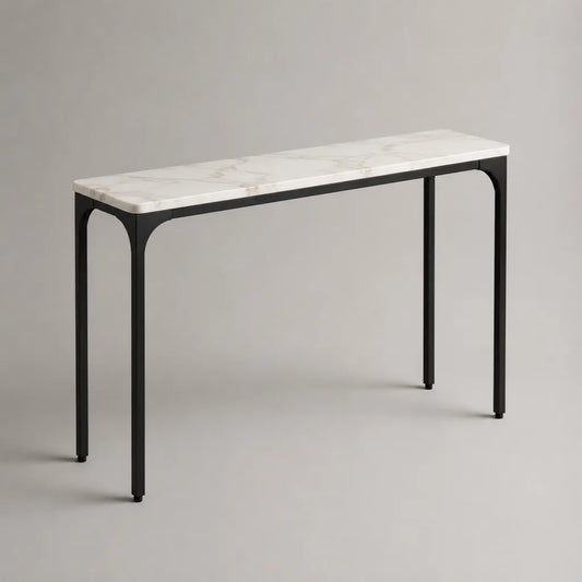 Console étroite rectangulaire en pierre frittée blanche effet marbre et acier noir, 120 × 30 × 75 cm