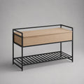 Banc coffre rectangulaire en MDF plaqué chêne et acier, chêne naturel et noir, 100 x 35 x 68 cm