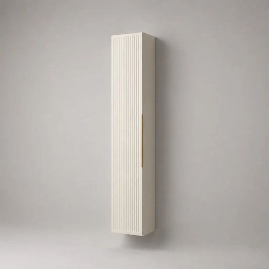 Colonne de rangement murale rectangulaire à 1 porte en MDF rainuré blanc cassé avec poignée en aluminium doré, 30 × 25 × 160 cm