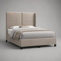 Lit double rembourré en polyester beige avec tête de lit à oreilles, couchage 160 × 200 cm, dimensions 220 × 174 × 150 cm