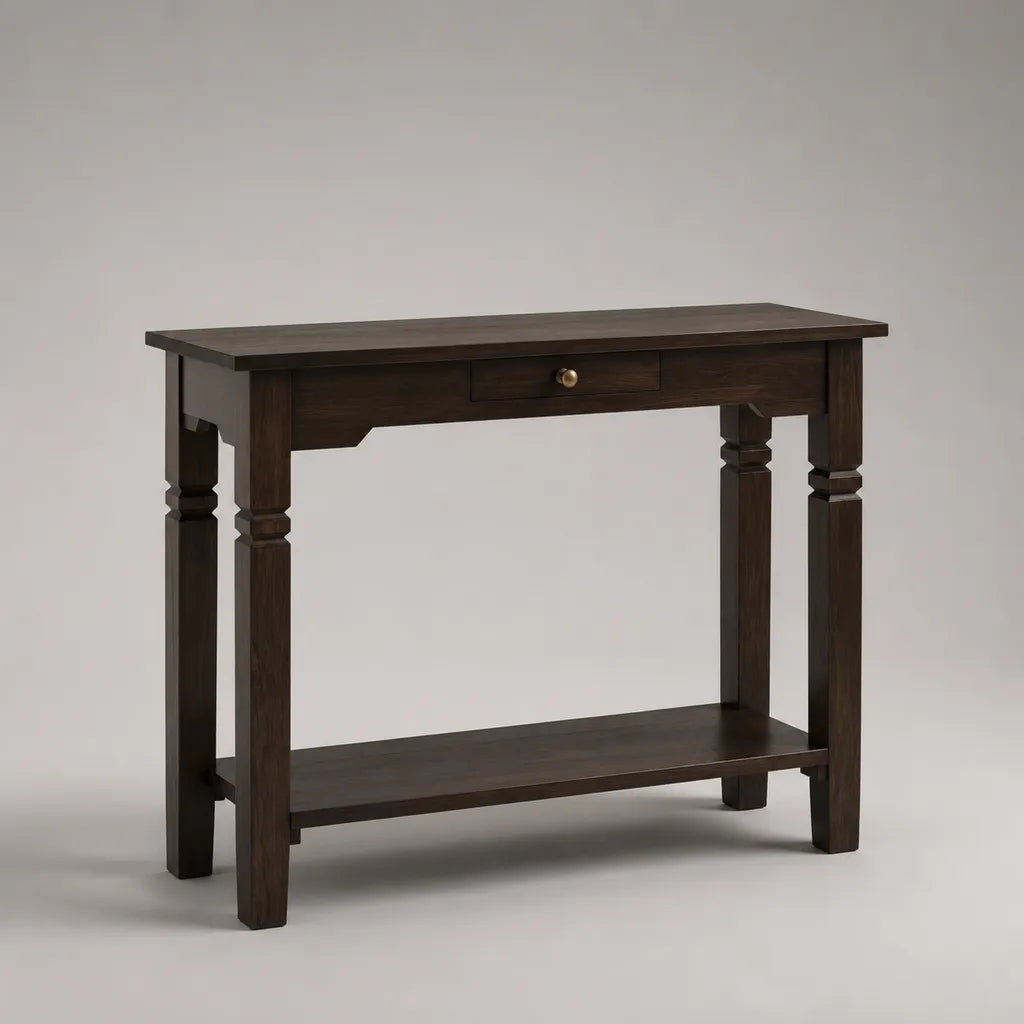 Table console rectangulaire en bois brun foncé avec tiroir et étagère, 100 × 35 × 80 cm
