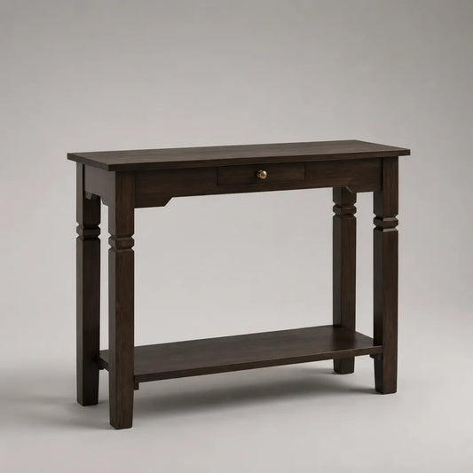 Table console rectangulaire en bois brun foncé avec tiroir et étagère, 100 × 35 × 80 cm
