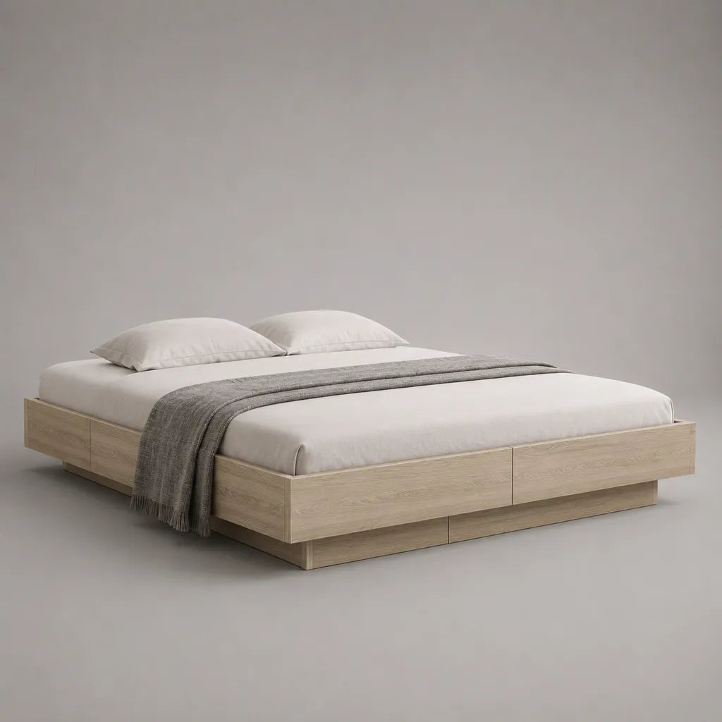 Lit plateforme avec rangement 160 × 200 cm en panneaux de particules mélaminés chêne clair, 6 tiroirs