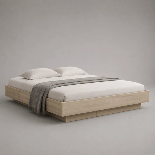 Lit plateforme avec rangement 160 × 200 cm en panneaux de particules mélaminés chêne clair, 6 tiroirs