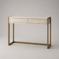 Console d’entrée rectangulaire à 2 tiroirs en MDF plaqué frêne et acier, beige et bronze, 100 × 30 × 80 cm