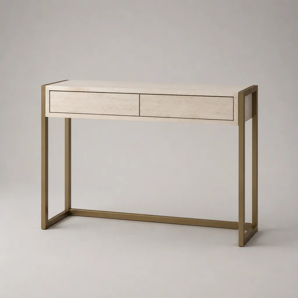 Console d’entrée rectangulaire à 2 tiroirs en MDF plaqué frêne et acier, beige et bronze, 100 × 30 × 80 cm
