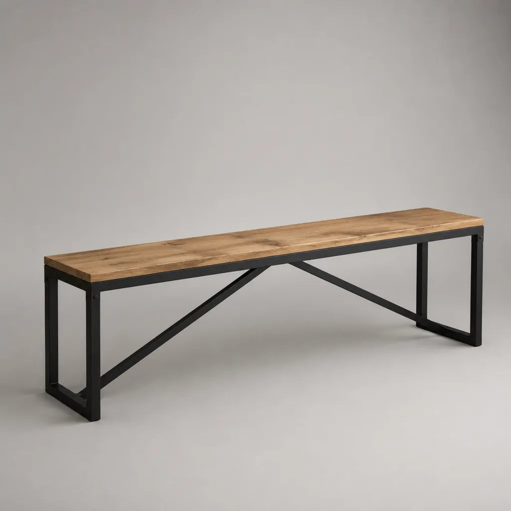 Banc rectangulaire sans dossier en pin massif et acier, brun naturel et noir, 160 × 35 × 45 cm