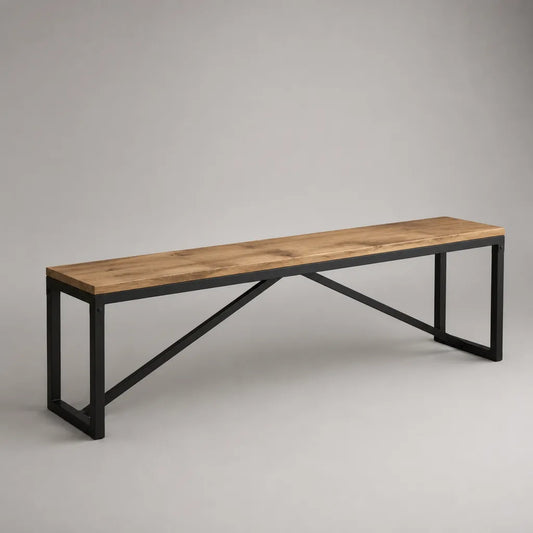 Banc rectangulaire sans dossier en pin massif et acier, brun naturel et noir, 160 × 35 × 45 cm
