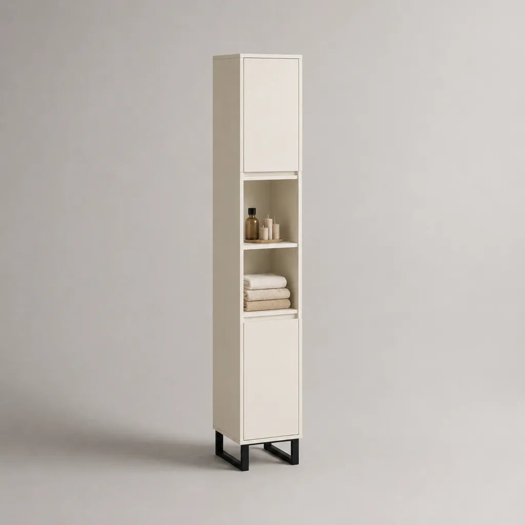Colonne de salle de bain sur pieds, 2 portes et 2 niches, panneaux de particules mélaminés et acier, blanc cassé et noir, 30 × 30 × 180 cm