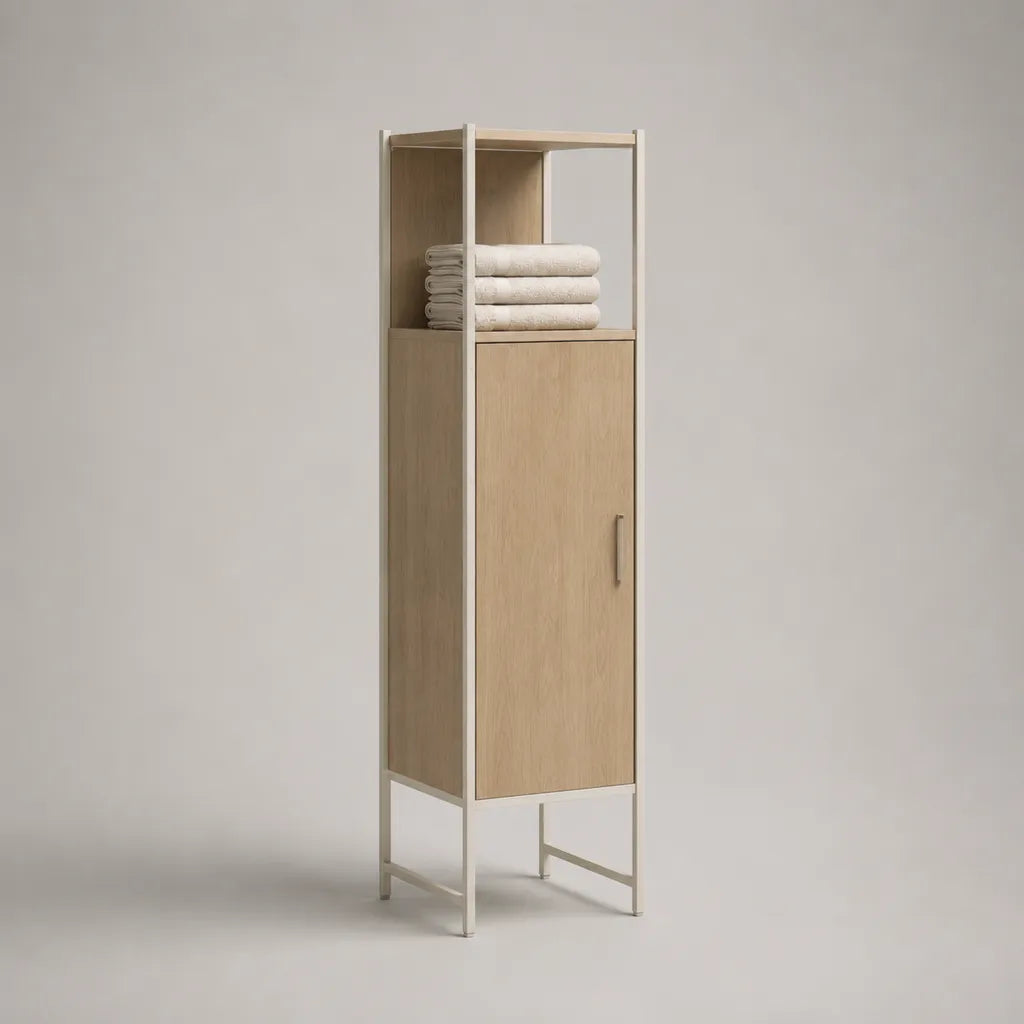 Colonne de rangement en bois et métal avec niche ouverte et placard, chêne clair et blanc, 40 × 35 × 170 cm