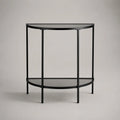 Console demi-lune en verre et acier noir à 2 plateaux, 80 × 30 × 80 cm