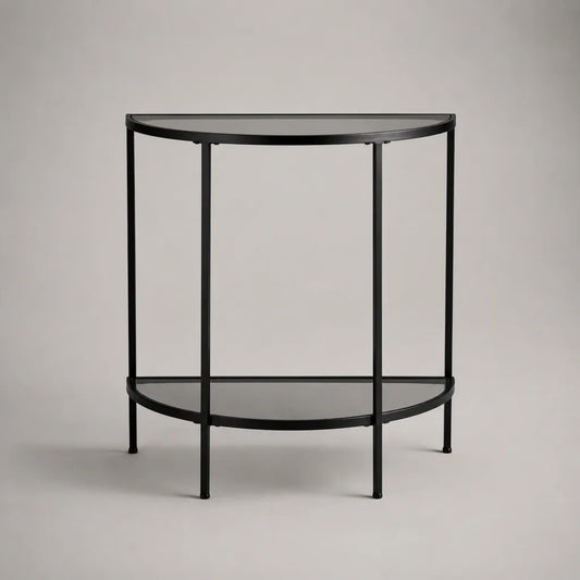 Console demi-lune en verre et acier noir à 2 plateaux, 80 × 30 × 80 cm