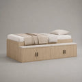 Lit banquette 1 place avec rangement 4 portes en panneaux de particules, chêne clair, blanc et noir, 205 × 125 × 60 cm, couchage 90 × 200 cm