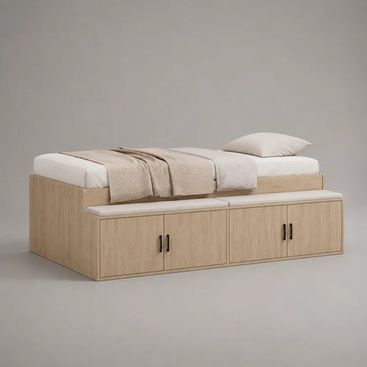Lit banquette 1 place avec rangement 4 portes en panneaux de particules, chêne clair, blanc et noir, 205 × 125 × 60 cm, couchage 90 × 200 cm