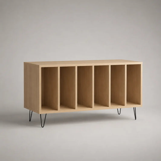 Meuble de rangement à 6 casiers en panneaux de particules mélaminés et acier, chêne clair et noir, 120 × 35 × 70 cm