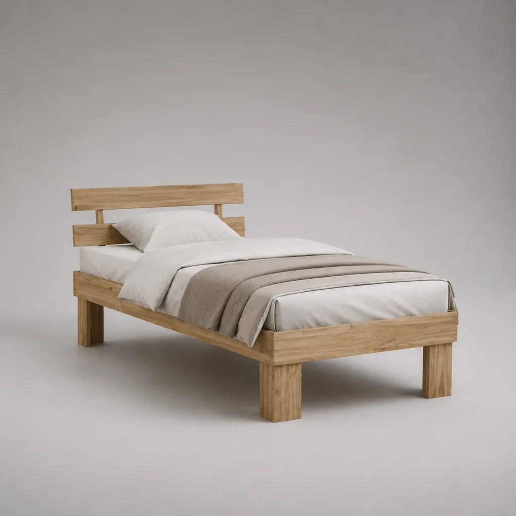 Lit simple en bois avec sommier à lattes, couchage 90 × 190 cm, bois naturel