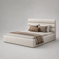 Lit double rembourré en tissu avec sommier à lattes, cadre rectangulaire écru, couchage 160 × 200 cm, dimensions 218 × 178 × 128 cm