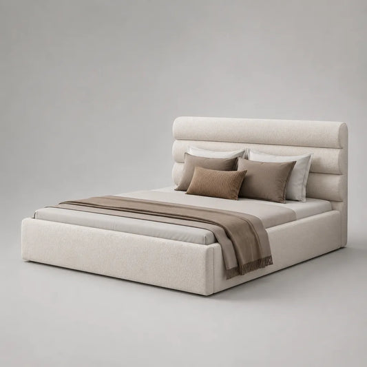 Lit double rembourré en tissu avec sommier à lattes, cadre rectangulaire écru, couchage 160 × 200 cm, dimensions 218 × 178 × 128 cm