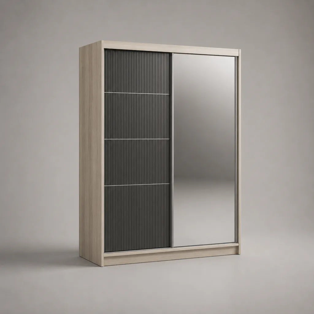 Armoire penderie rectangulaire à 2 portes coulissantes avec miroir, en panneaux de particules, beige et anthracite, 180 × 60 × 220 cm