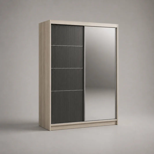 Armoire penderie rectangulaire à 2 portes coulissantes avec miroir, en panneaux de particules, beige et anthracite, 180 × 60 × 220 cm