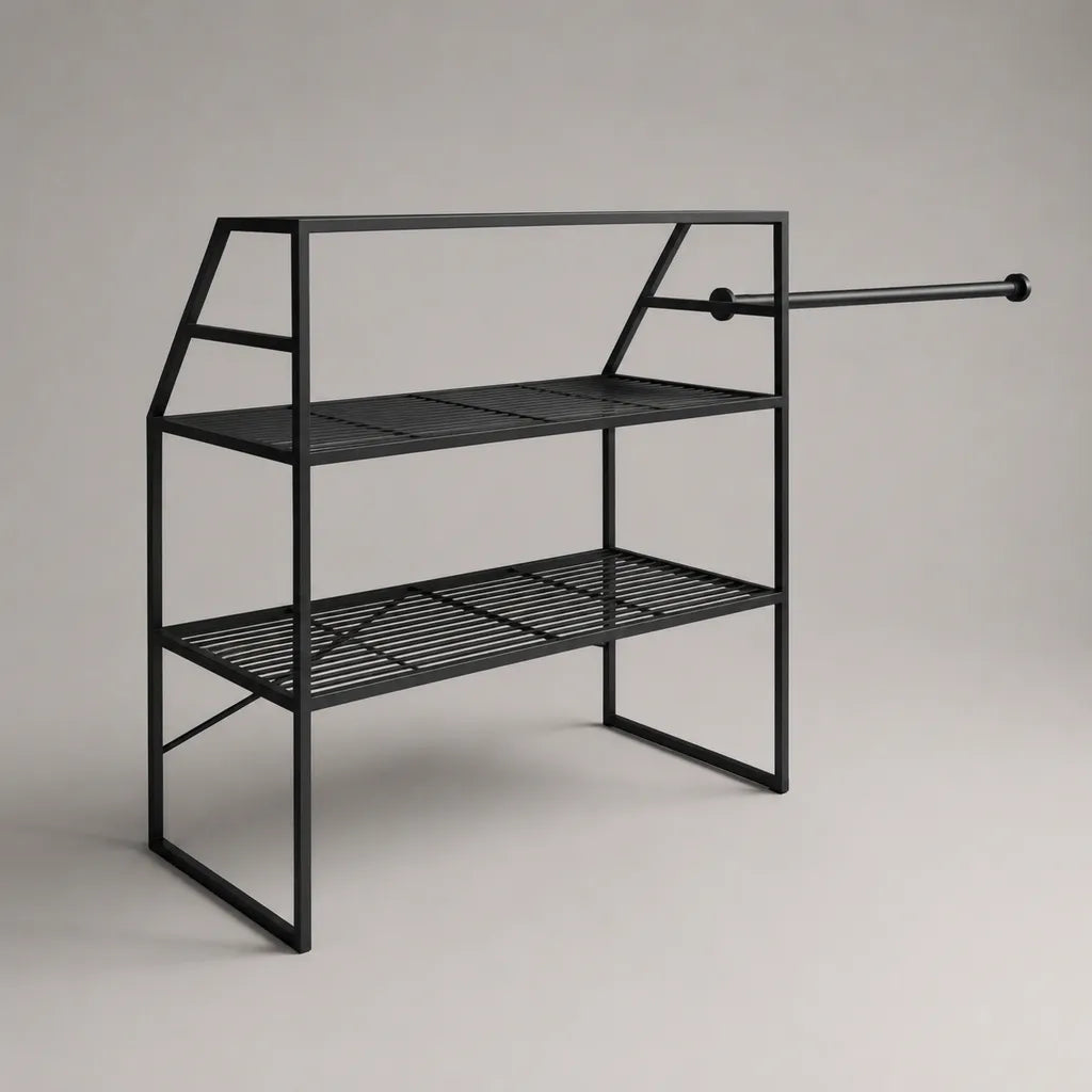 Portant à vêtements sur pied en acier noir avec 2 étagères à chaussures et tringle latérale, 125 × 40 × 100 cm