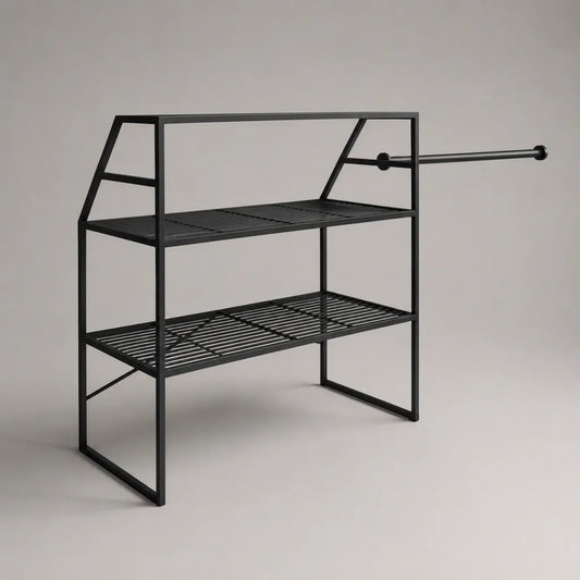 Portant à vêtements sur pied en acier noir avec 2 étagères à chaussures et tringle latérale, 125 × 40 × 100 cm