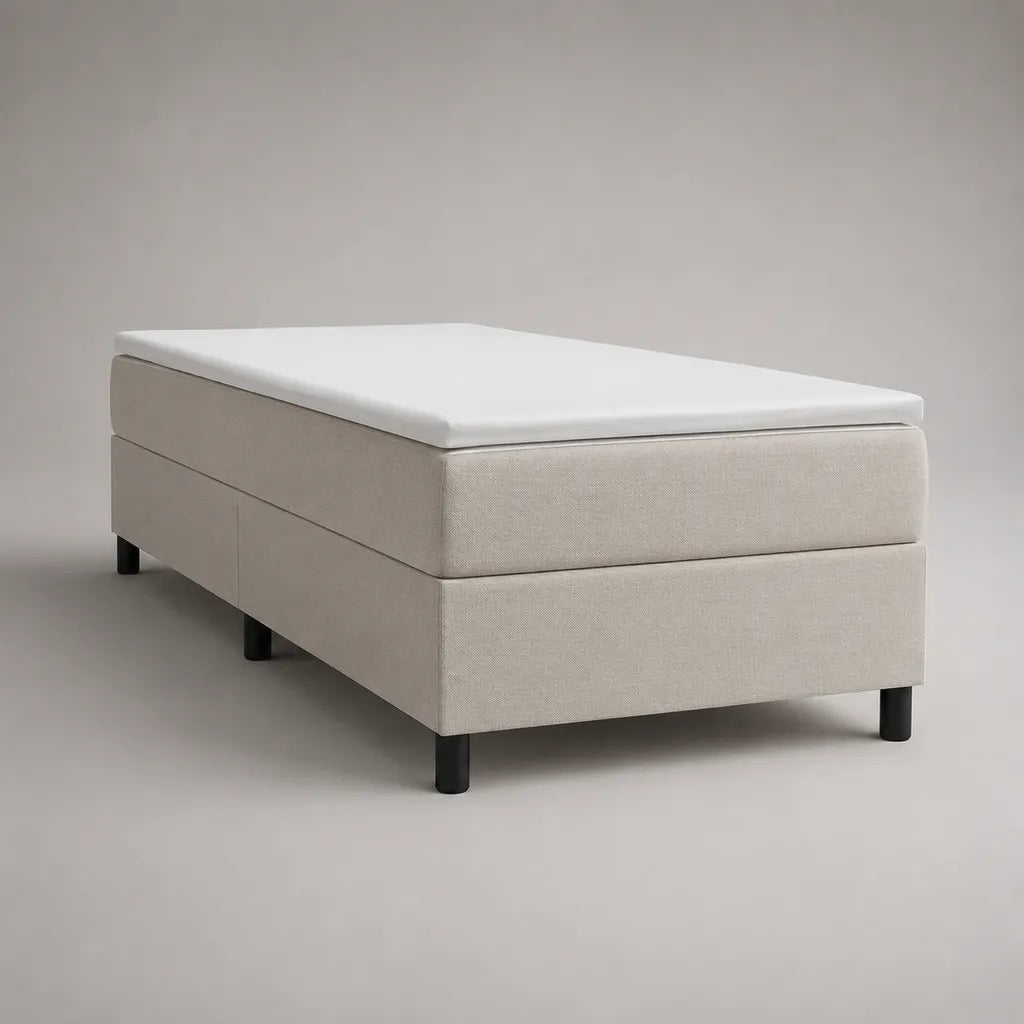 Lit 1 place en tissu beige avec sommier tapissier, matelas et surmatelas blancs, 90 × 200 cm
