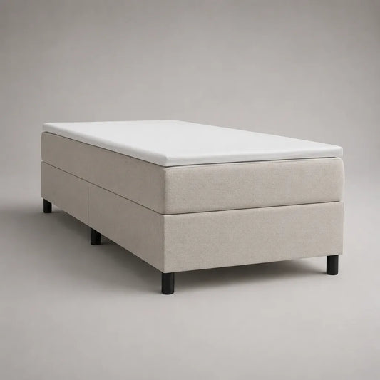 Lit 1 place en tissu beige avec sommier tapissier, matelas et surmatelas blancs, 90 × 200 cm